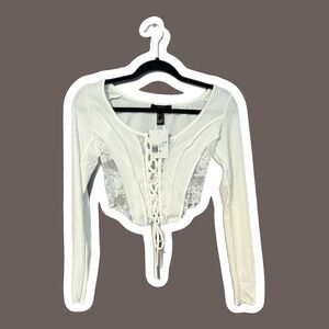 White Lace Up Long Sleeve Lace Crop Top Size Small New with Tags